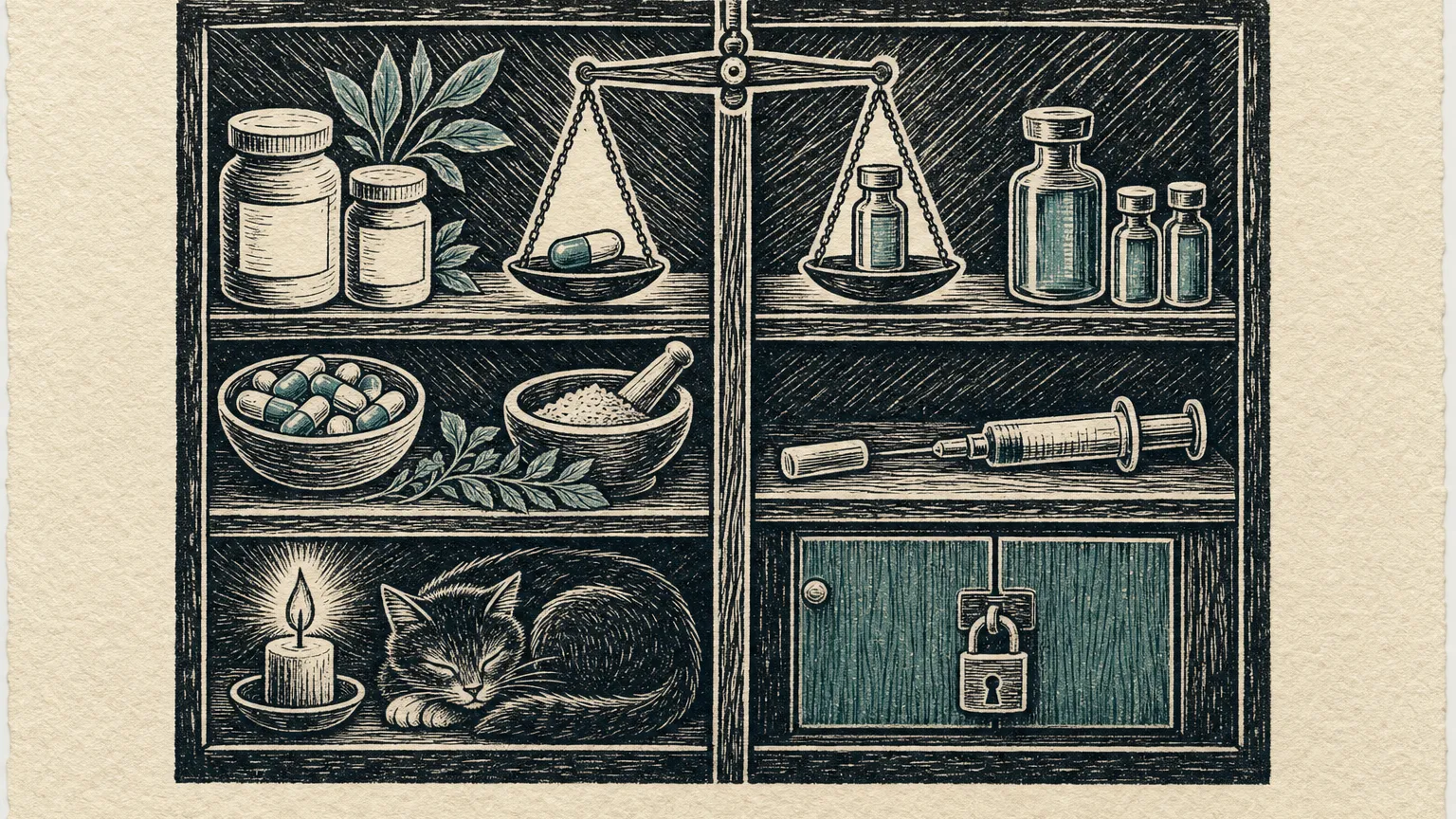 Linocut print of a shelf split between supplement jars and herbs on one side and vials and a syringe on the other.