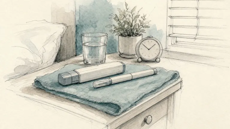 Ink and watercolor sketch of two different capped injection pens on a towel beside a water glass, plant and clock.
