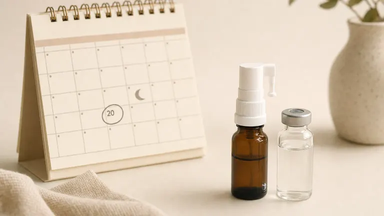 Small spray bottle and vial beside a calendar with twenty circled days and a crescent moon.