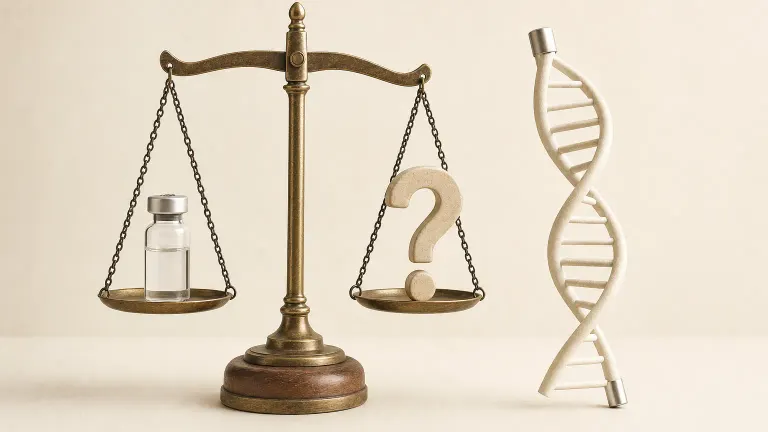 Balance scale weighing a small vial against a question mark beside a stylized DNA strand.