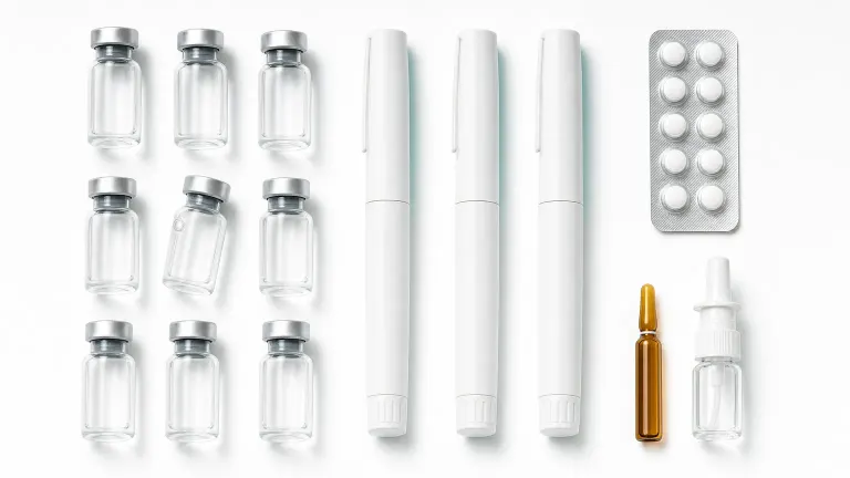 Top-down grid of plain vials, injection pens, a tablet blister strip and a nasal spray on white.