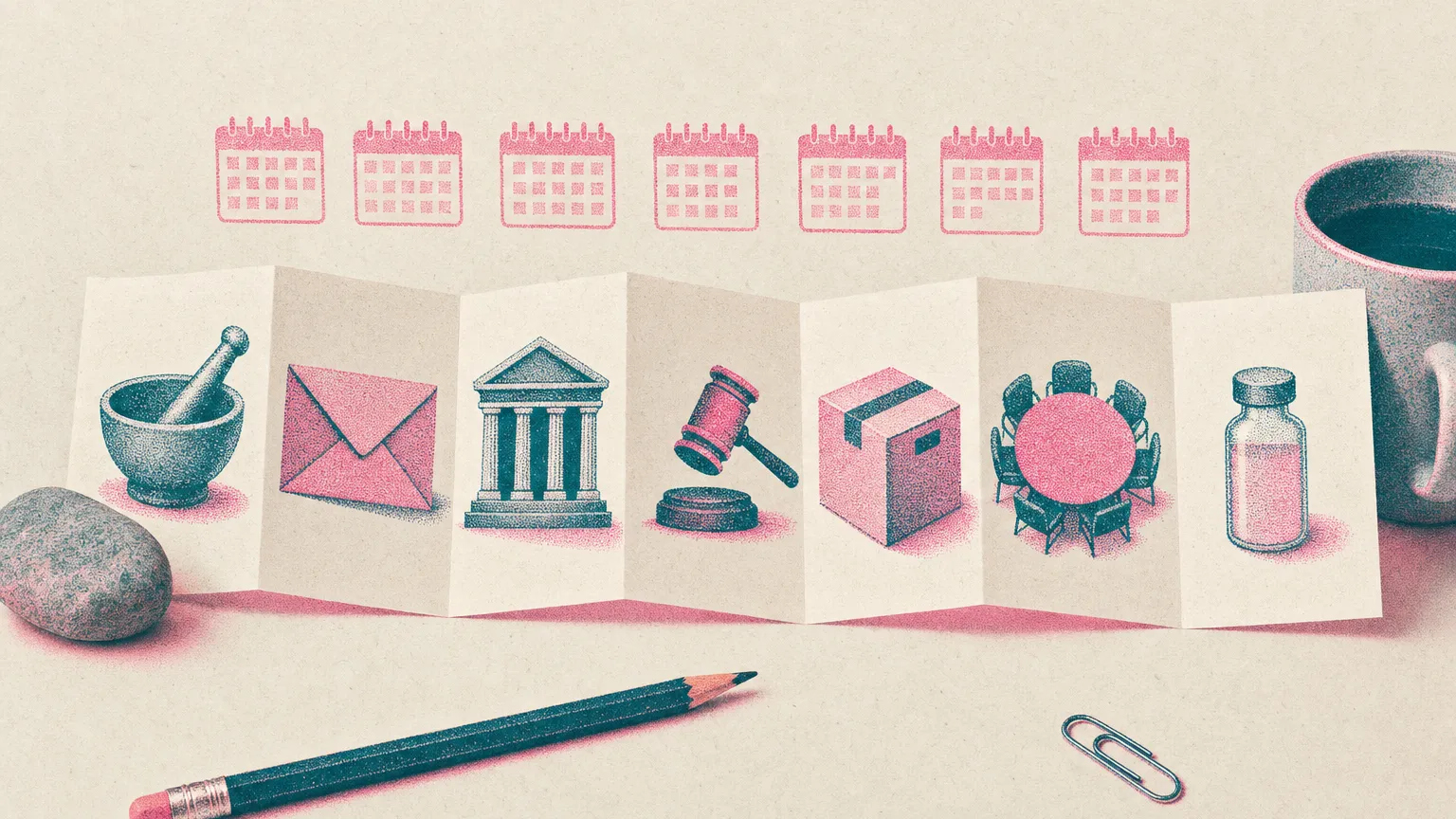 Risograph print of a folded paper timeline with small icons of a pharmacy, gavel, envelope and vial.