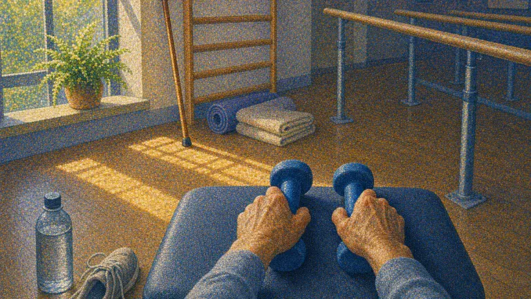 Pointillist painting of hands holding small weights on a bench in a sunlit rehabilitation gym.