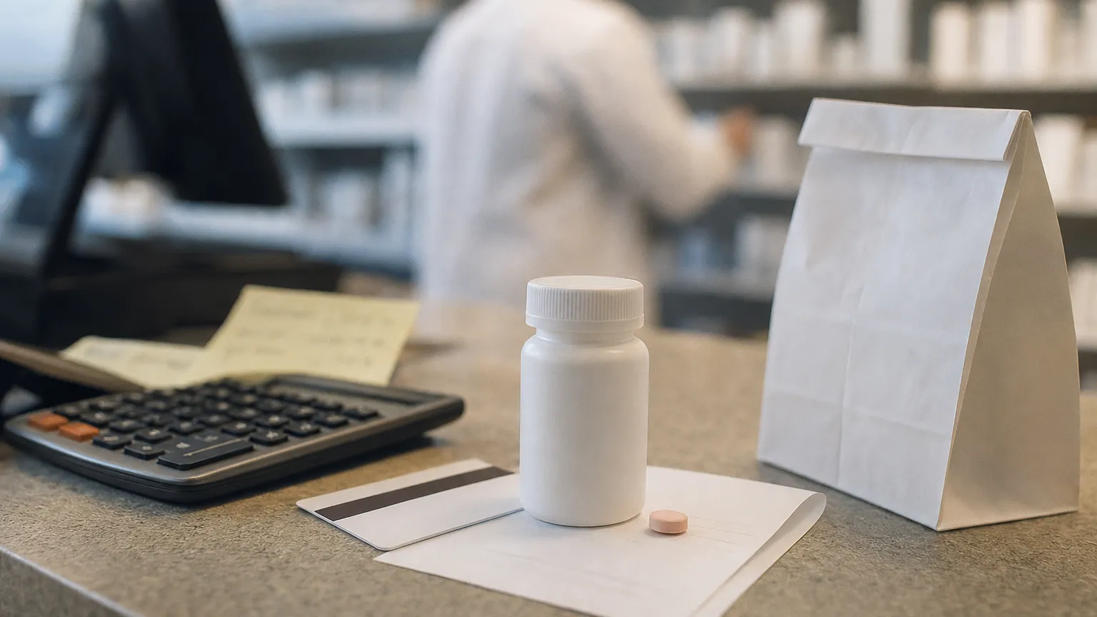 Pharmacy counter with a plain pill bottle, single tablet, blank receipt, blank savings card and calculator