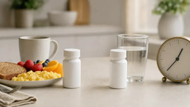 Two pill bottles side by side, one beside breakfast and one beside a glass of water and a clock.