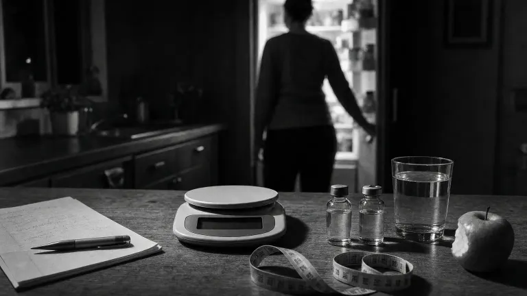 Black-and-white photo of two nearly identical vials beside an empty kitchen scale and tape measure.