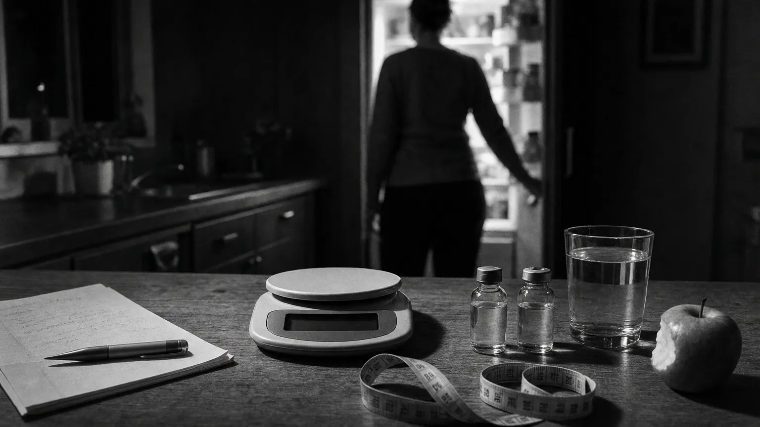 Black-and-white photo of two nearly identical vials beside an empty kitchen scale and tape measure.