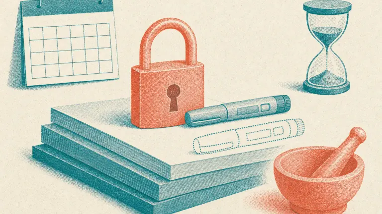 Illustration of a closed padlock on stacked papers beside a capped pen, a dotted outline copy and a mortar and pestle