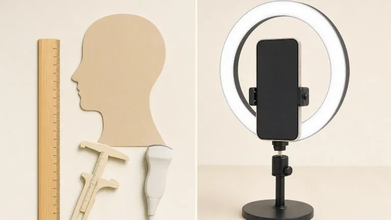 Face silhouette beside skin measuring tools on one side and a phone with a ring light on the other.