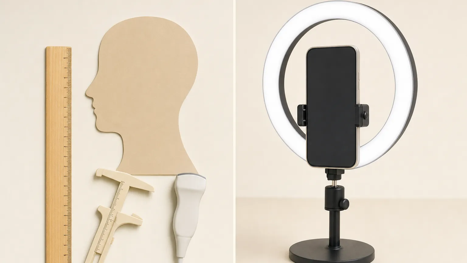 Face silhouette beside skin measuring tools on one side and a phone with a ring light on the other.