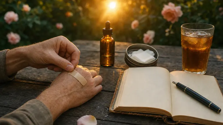 Hands applying a bandage at a garden table beside an amber dropper bottle and an old notebook.