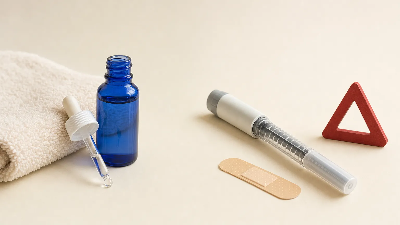 Blue serum bottle with a towel on one side and a capped syringe with a bandage and warning shape on the other.