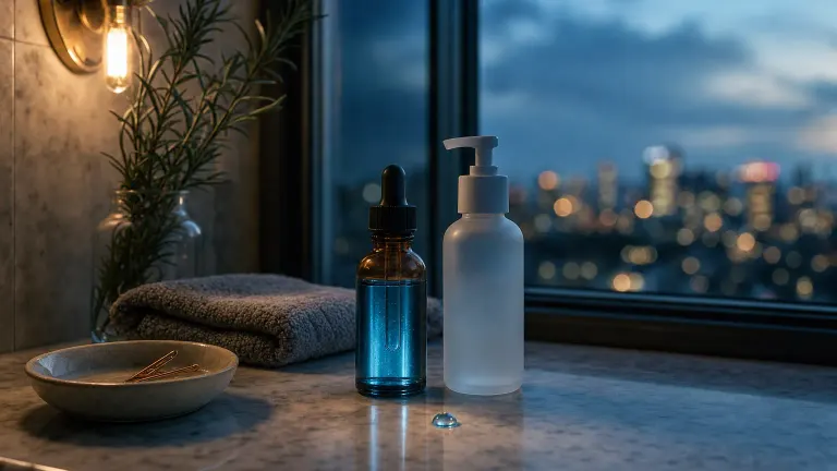 Amber dropper bottle with blue serum beside a white pump bottle on a bathroom counter at dusk