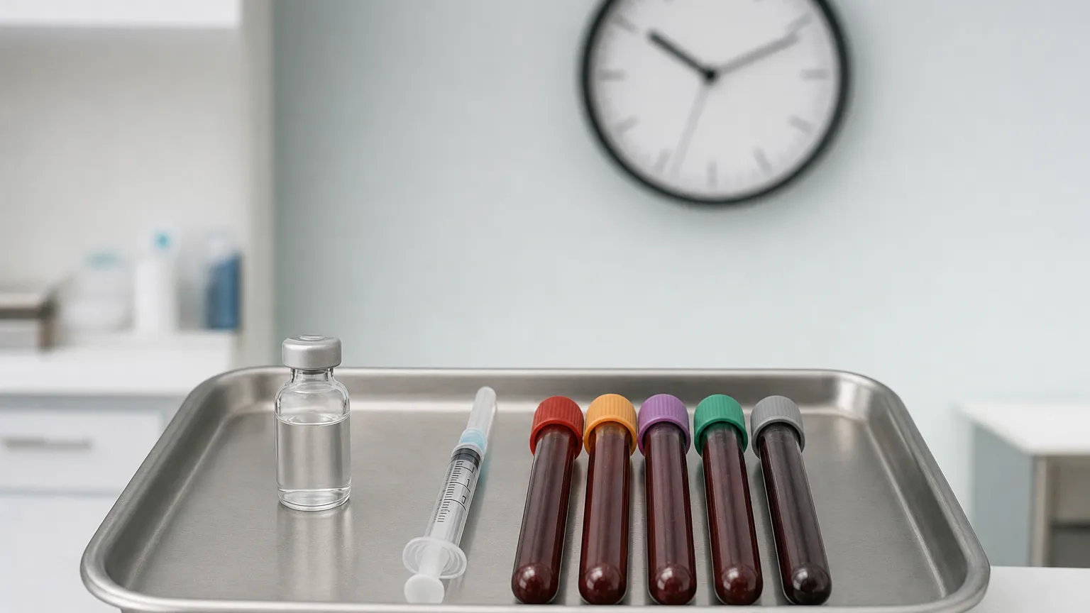 A small vial and syringe beside five blood sample tubes on a hospital tray with a clock.
