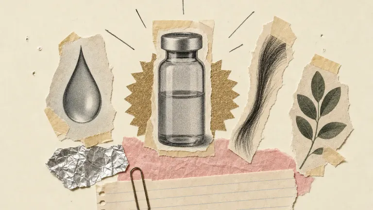 Torn-paper collage of a glass vial with a gold sparkle, a water drop, a hair strand and leaves on cream.