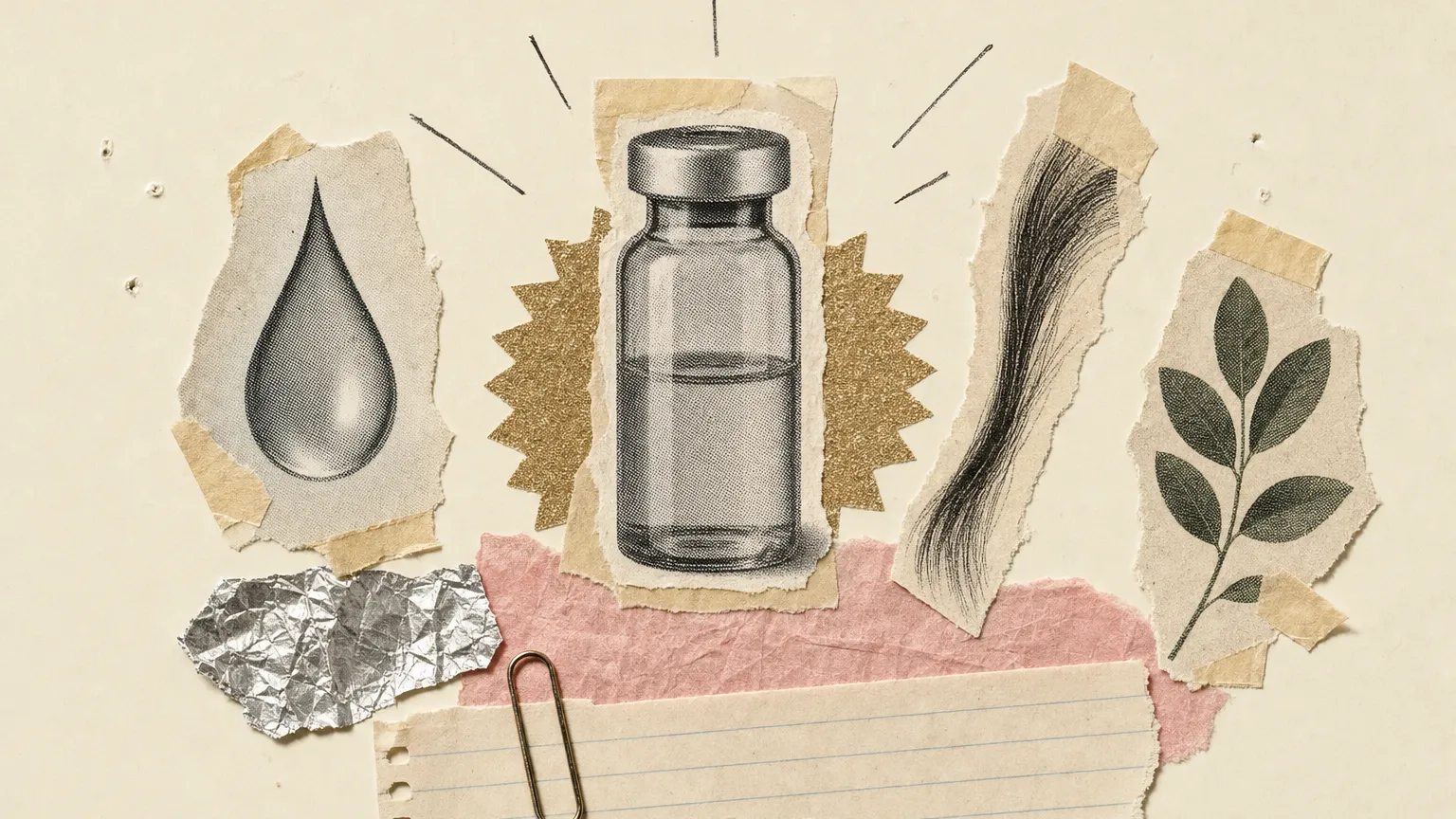 Torn-paper collage of a glass vial with a gold sparkle, a water drop, a hair strand and leaves on cream.
