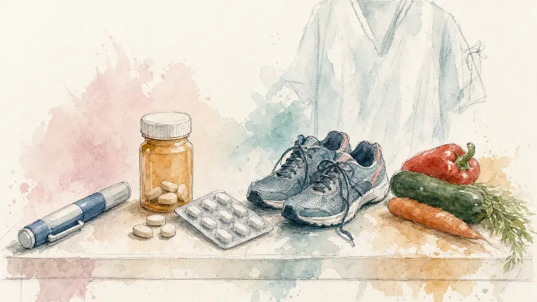 Watercolor of an injection pen, pill bottle, blister pack, sneakers and vegetables as different treatment options
