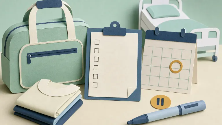 Paper-cut collage of a hospital bag, checklist, circled calendar day and a paused injection pen.