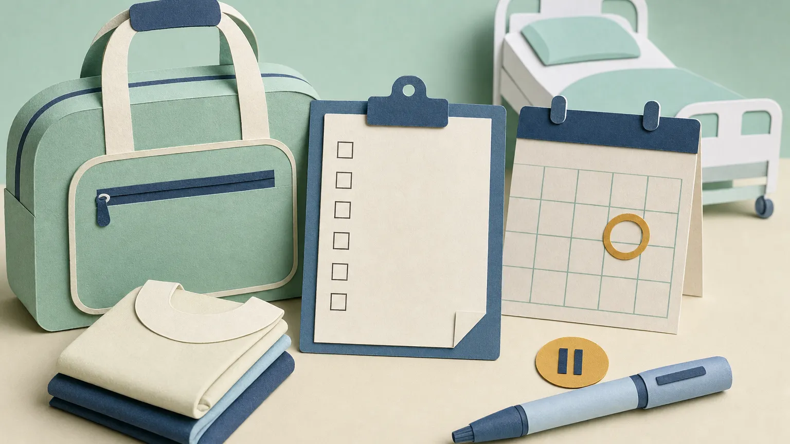 Paper-cut collage of a hospital bag, checklist, circled calendar day and a paused injection pen.