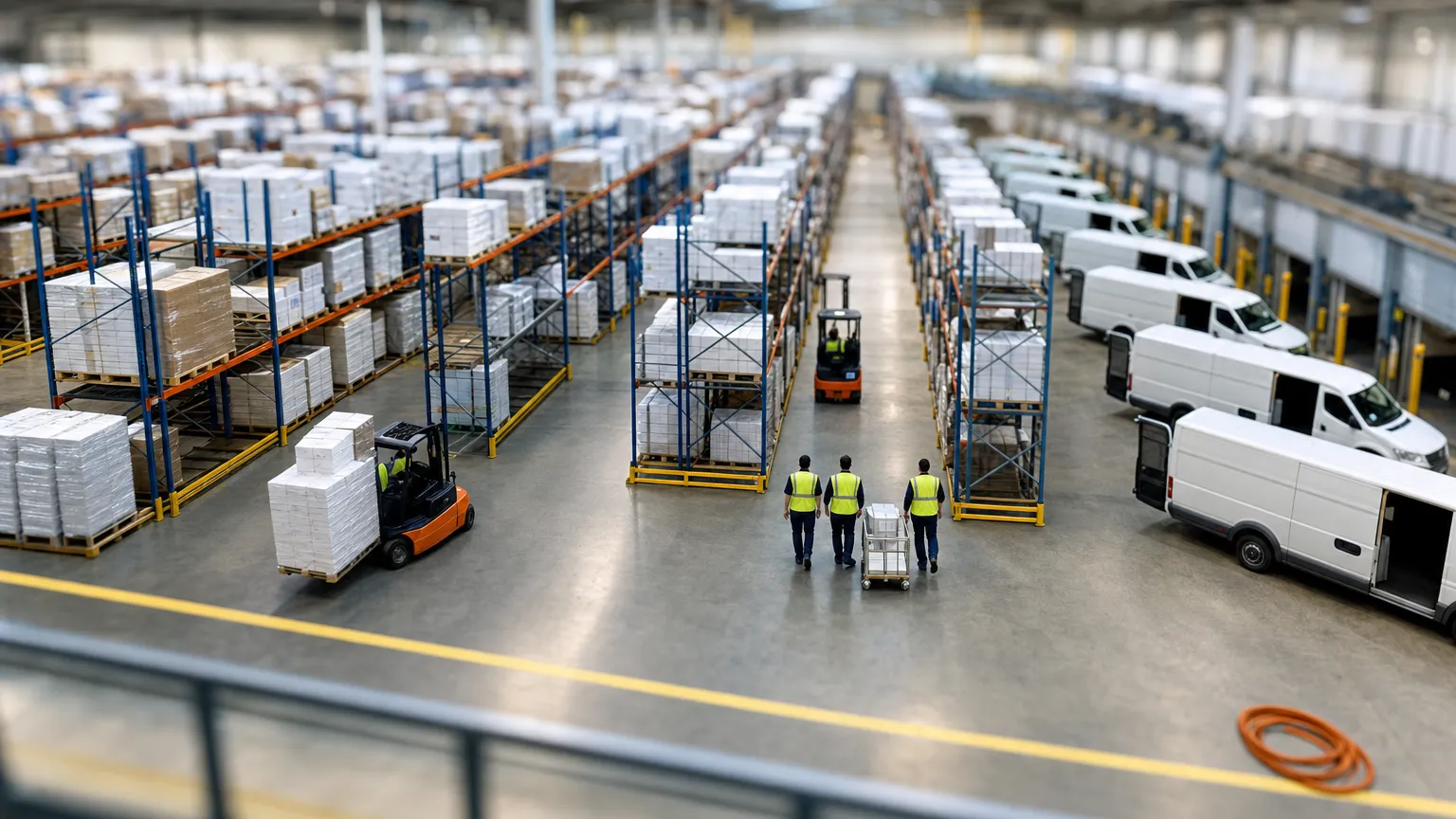 Tilt-shift photo of a pharmaceutical warehouse with forklifts, white cartons, a few empty racks and delivery vans.