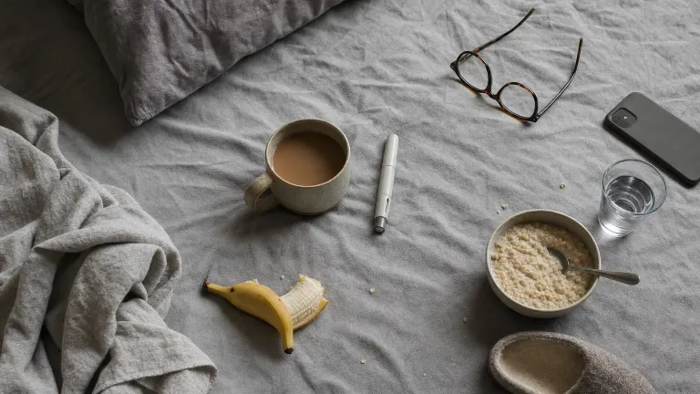 Overhead view of a rumpled bed with coffee, a capped injection pen, a face-down phone, banana and water glass.