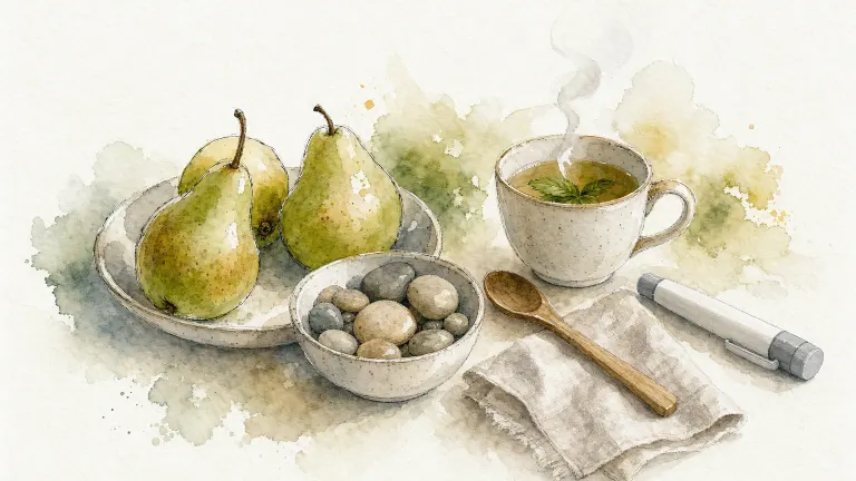 Watercolor still life of pears, smooth stones, peppermint tea and a capped injection pen on a counter
