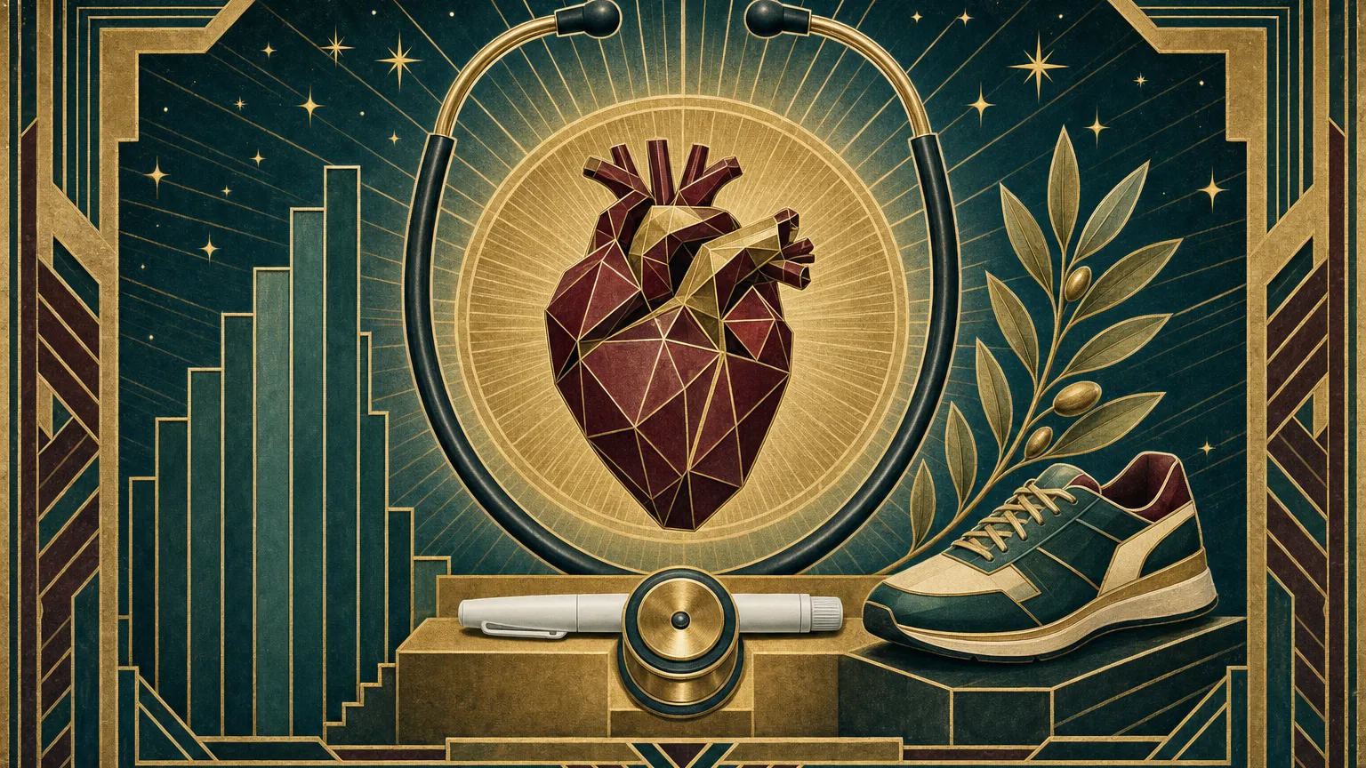 Art Deco poster of a jewel-like heart in a gold sunburst framed by a stethoscope, with a pen below.