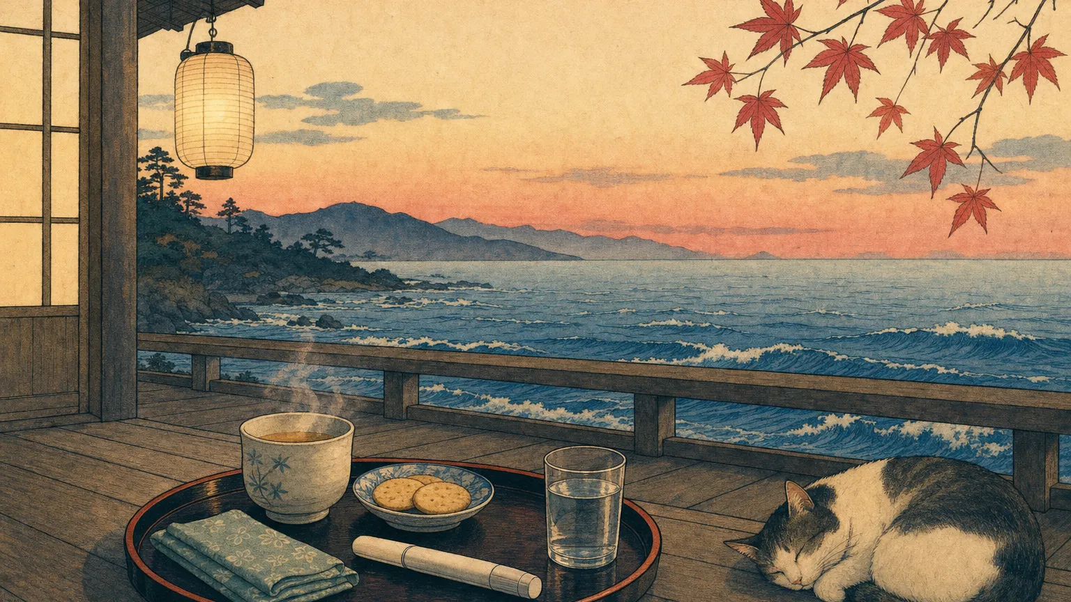 Woodblock-style print of a veranda tray with ginger tea, crackers and a capped injection pen by calm waves.