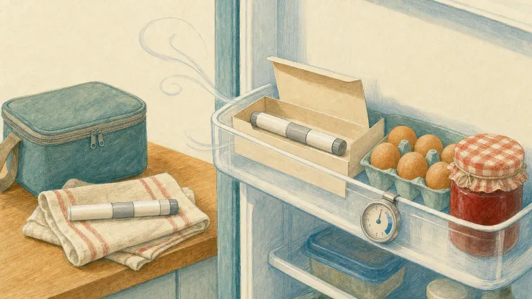 Illustration of an injection pen stored on a refrigerator door shelf, with a second pen and a travel cooler on the counter.