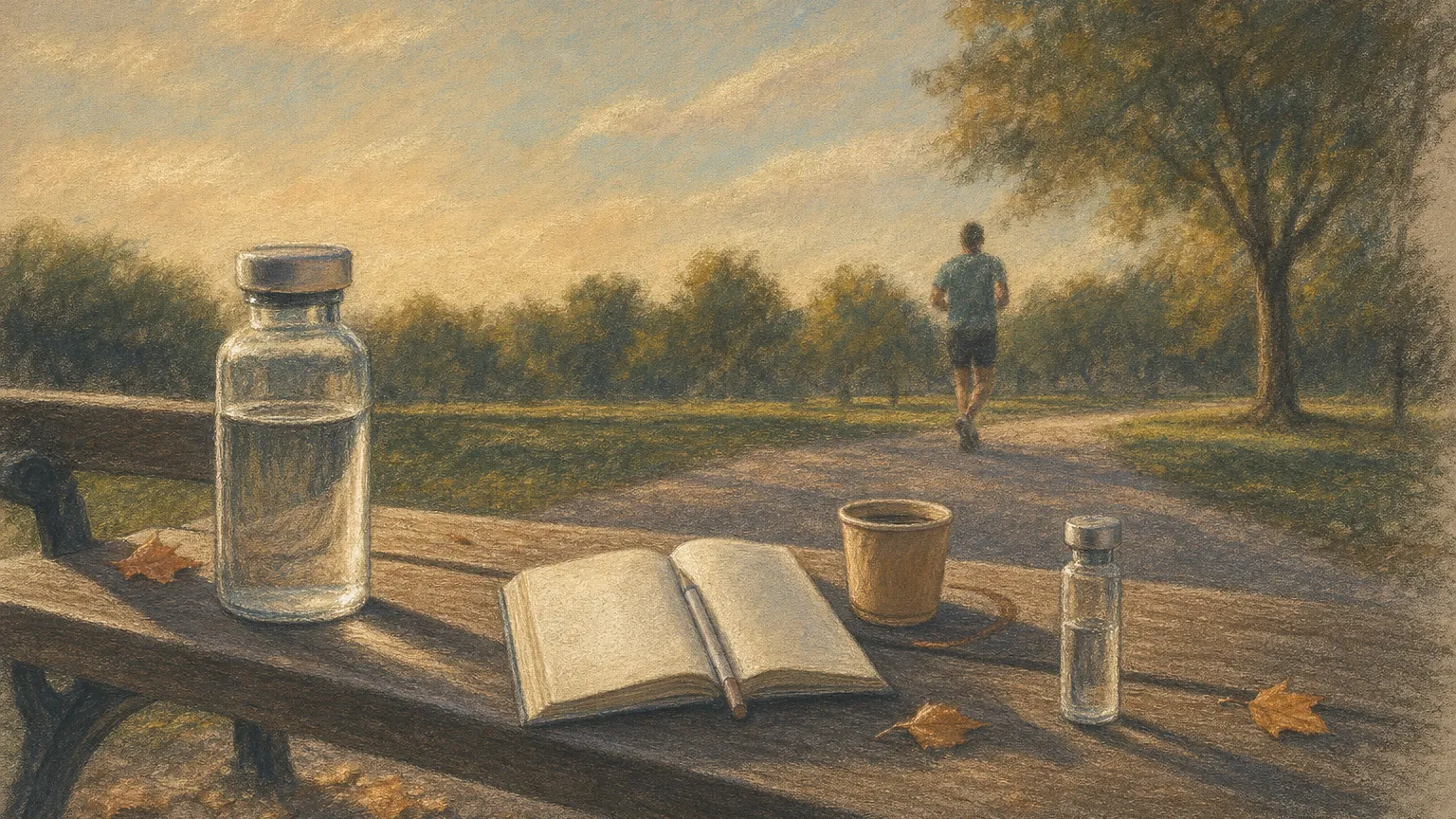 Pastel drawing of a large and a small unlabeled vial on a park bench with a notebook and coffee cup.