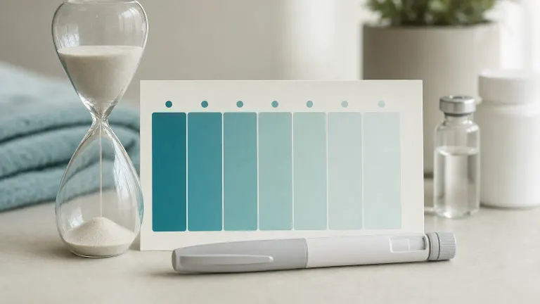 Hourglass beside a calendar with boxes fading from dark to light and a capped injection pen