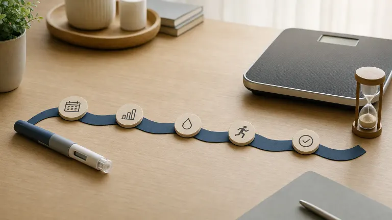 Timeline ribbon with milestone markers, an injection pen, a bathroom scale and a small hourglass