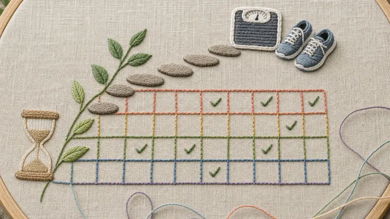 Embroidered blank calendar grid with check stitches, rising stepping stones, hourglass, scale and sneakers on linen