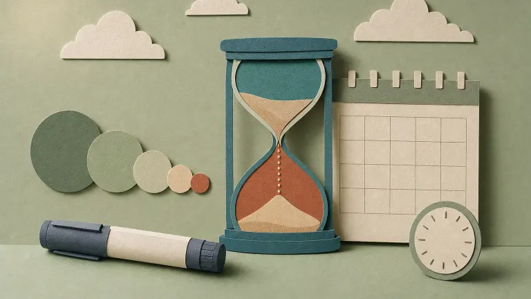 Layered paper-cut of an hourglass with falling sand, shrinking circles, a blank calendar and a capped injection pen.