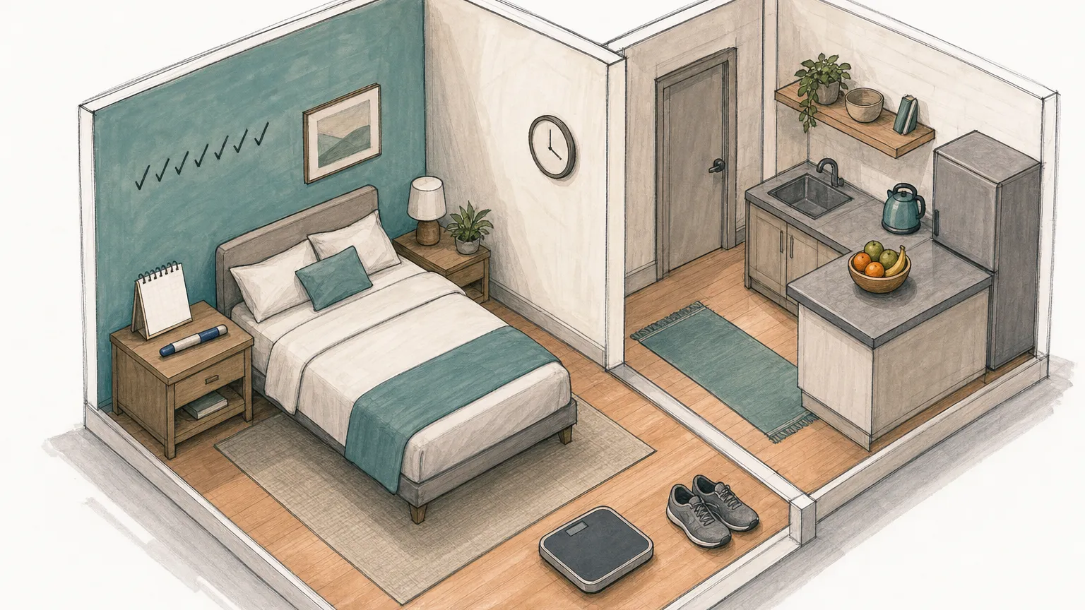 Isometric marker drawing of a small apartment with a bed, a capped injection pen, a blank calendar, a scale and sneakers.