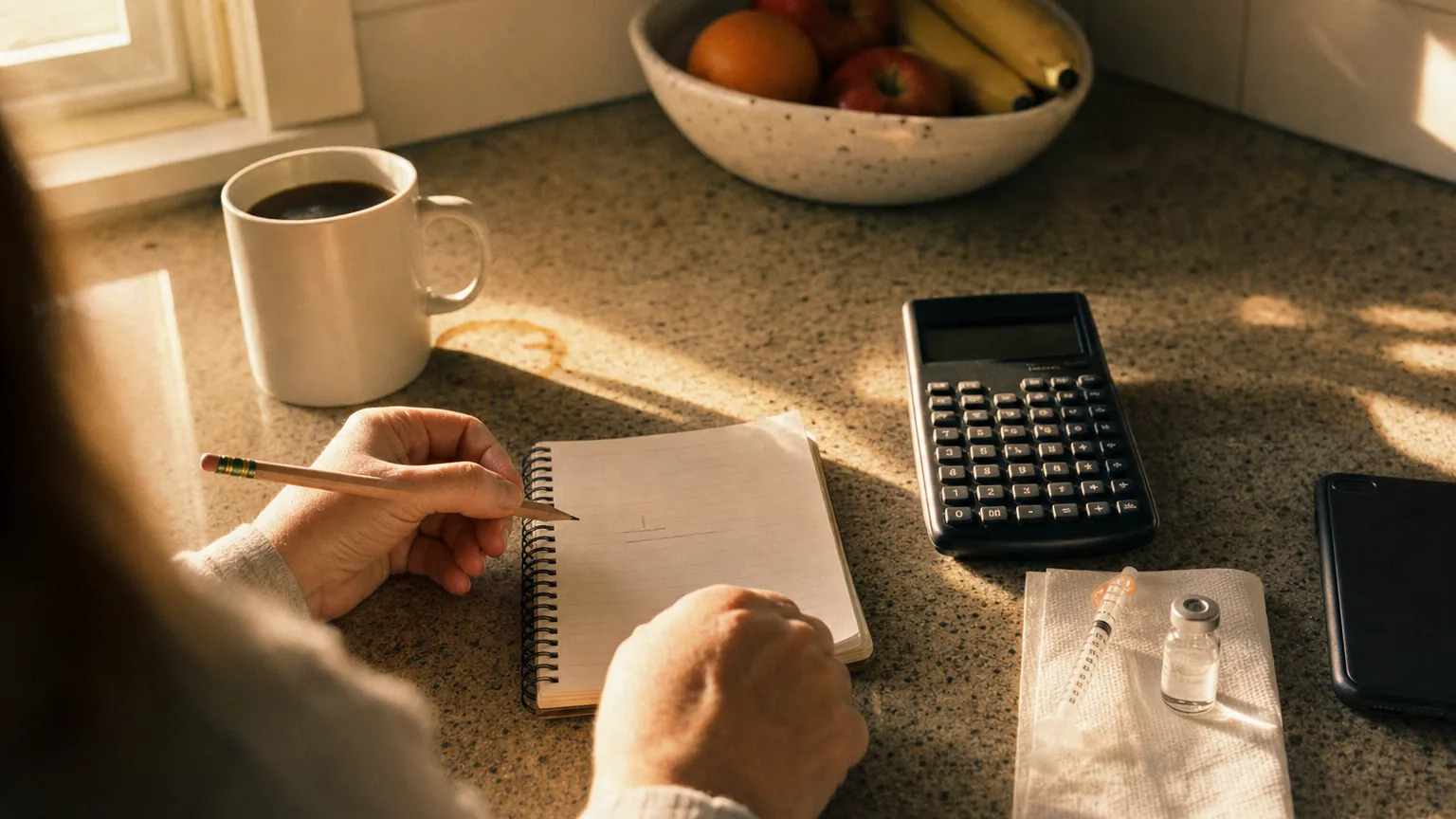 Hands with a pencil and notebook beside a calculator, capped syringe and small vial on a kitchen counter