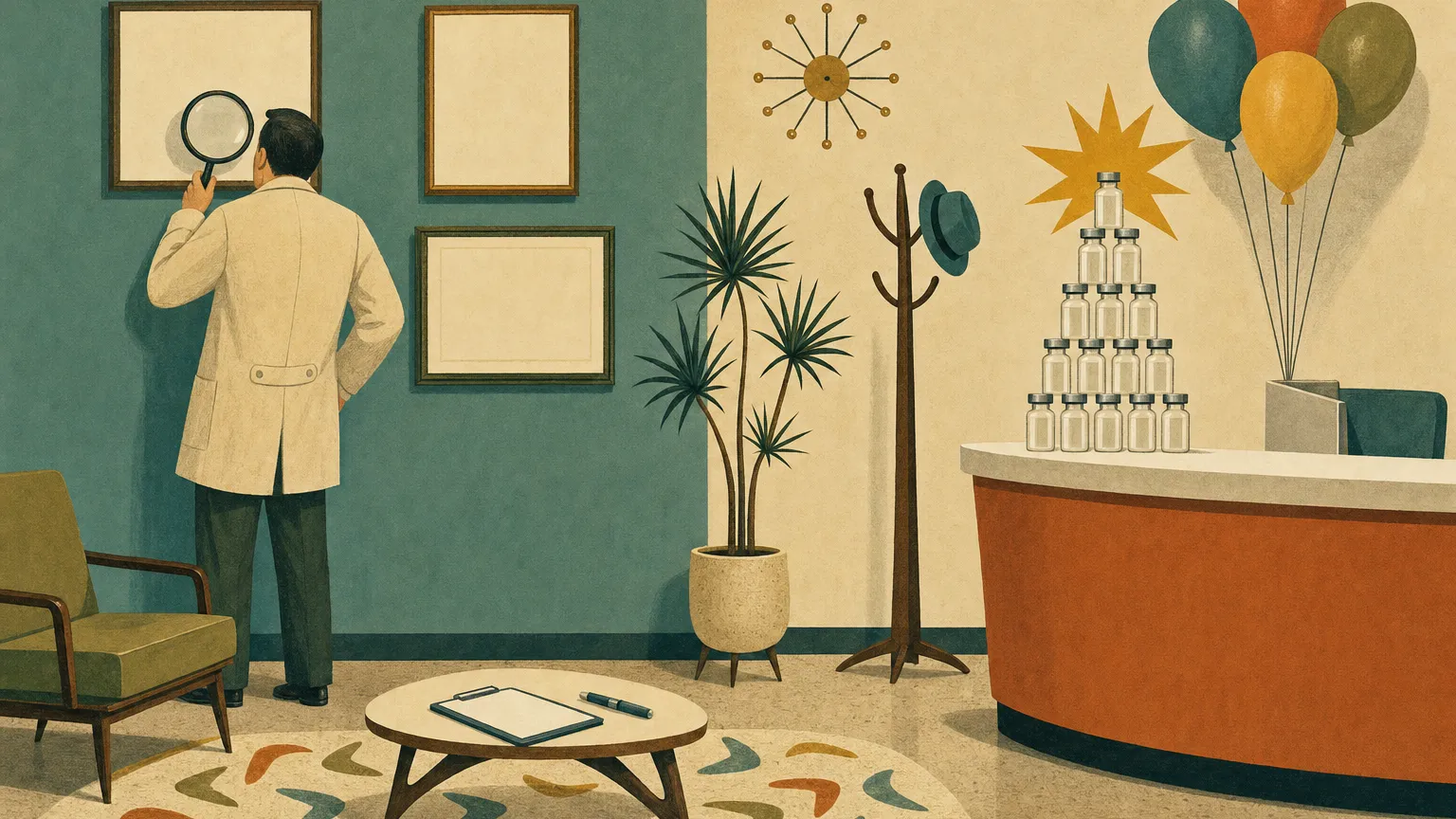 Retro illustration of a person examining framed certificates beside a counter piled with vials and balloons.