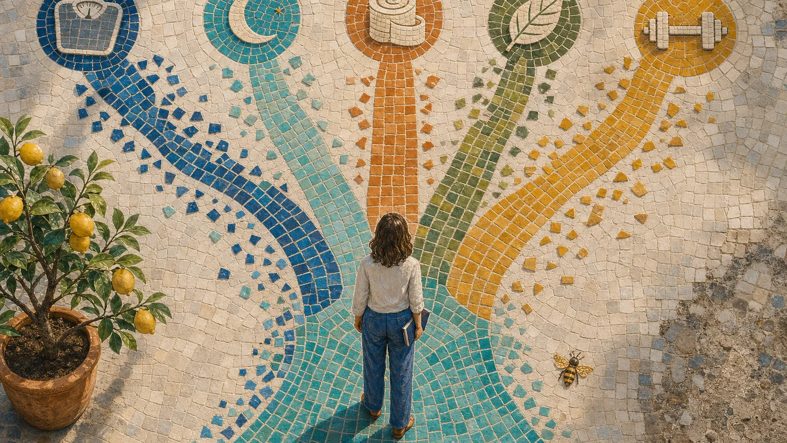 Ceramic mosaic of a garden path forking into five routes, each ending at a different health symbol.