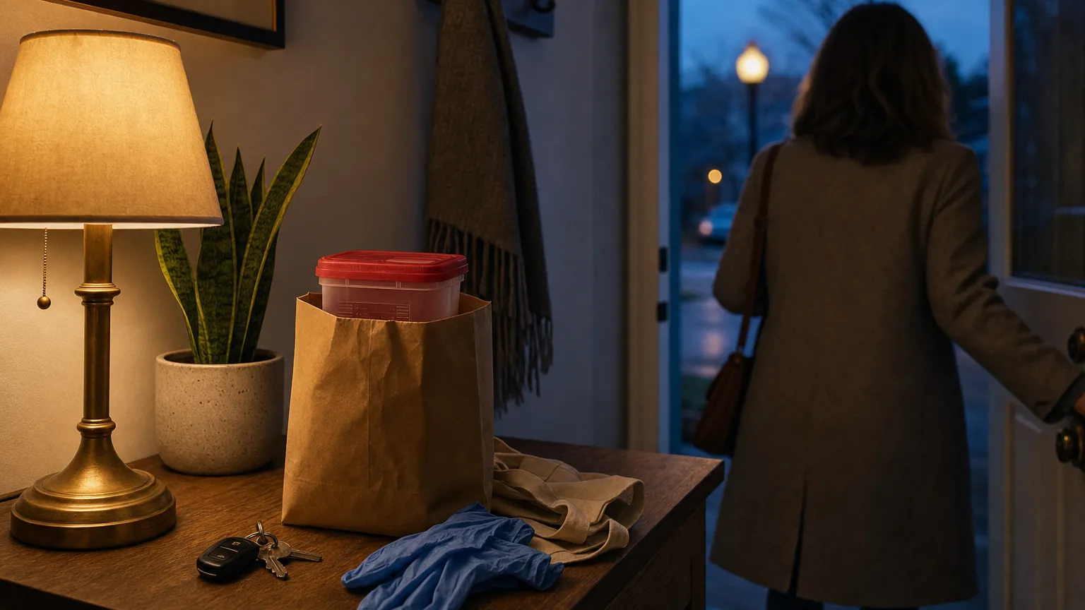 Sealed sharps container in a paper bag on a hallway table at dusk, ready to take out