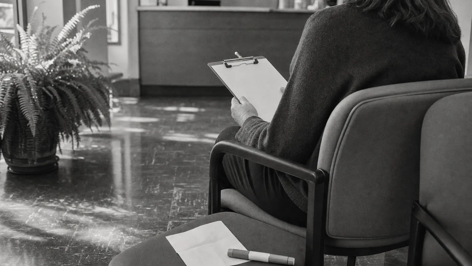 A person from behind in a waiting room holding a blank clipboard form beside a capped injection pen.