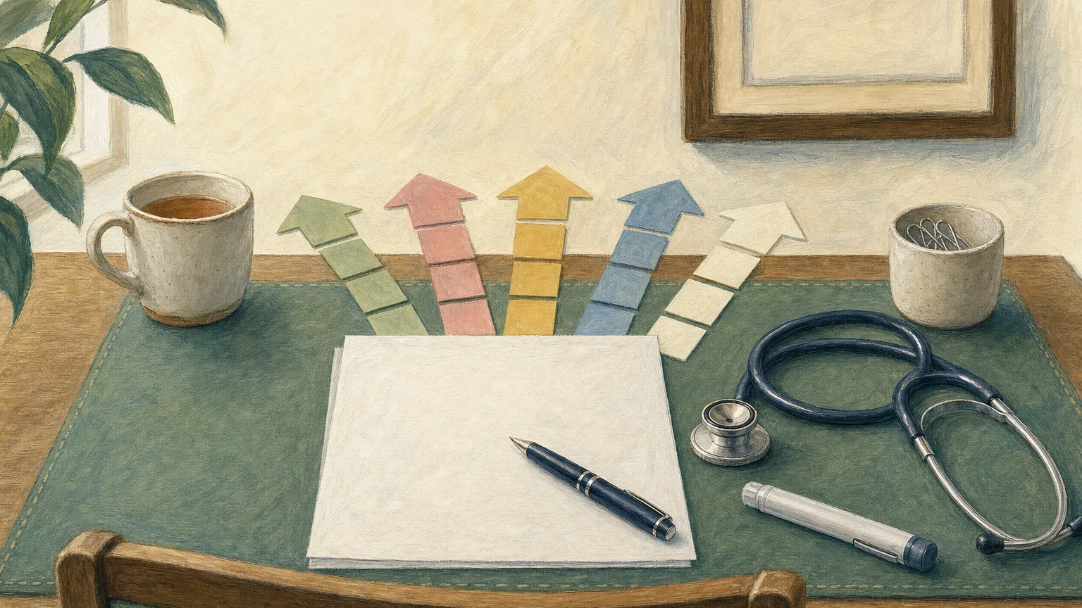 A desk with a blank form, a stethoscope, a capped pen and five colored sticky notes fanned out.