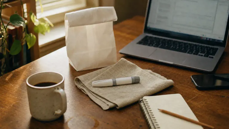 A medication pen and pharmacy bag on a home desk beside a laptop, notebook and coffee mug