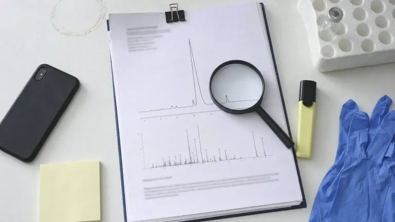 Overhead view of report pages with chromatography peaks, a magnifying glass, a vial and gloves on a bench