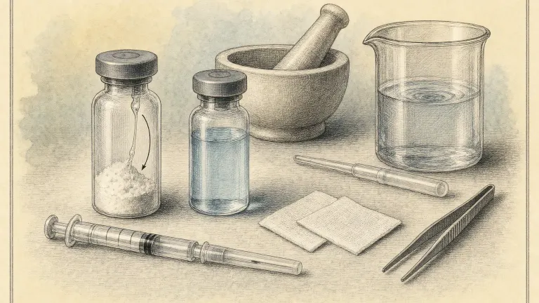 Engraved lab bench with two vials, a capped syringe, swabs and tweezers showing gentle reconstitution