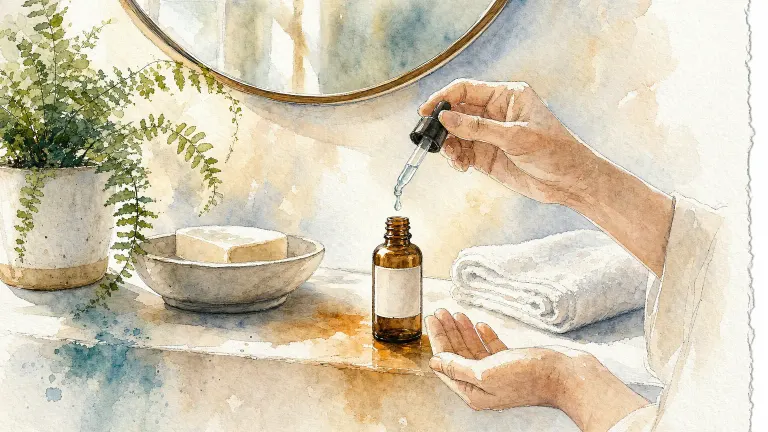 Watercolor of an amber dropper bottle releasing a drop into an open palm on a bathroom sink ledge.
