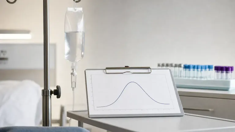 IV pole with a small infusion bag next to a chart of a single rising and falling curve.