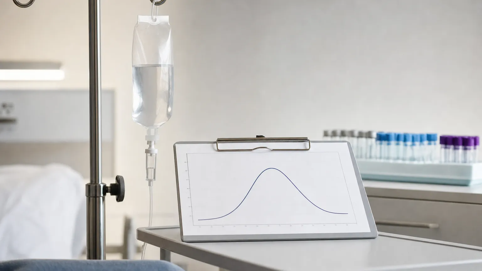 IV pole with a small infusion bag next to a chart of a single rising and falling curve.
