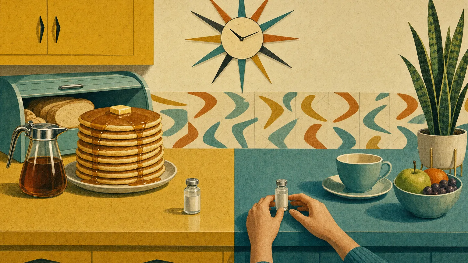 Retro illustration of two vials on a kitchen counter, one by a pancake stack and one by a teacup.