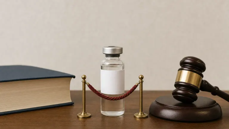 Blank-labeled glass vial behind a barrier rope next to a gavel and a closed rule book