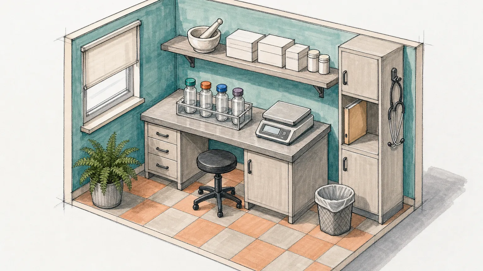 Isometric marker drawing of a small compounding room with four capped vials in a rack, a scale and shelves.